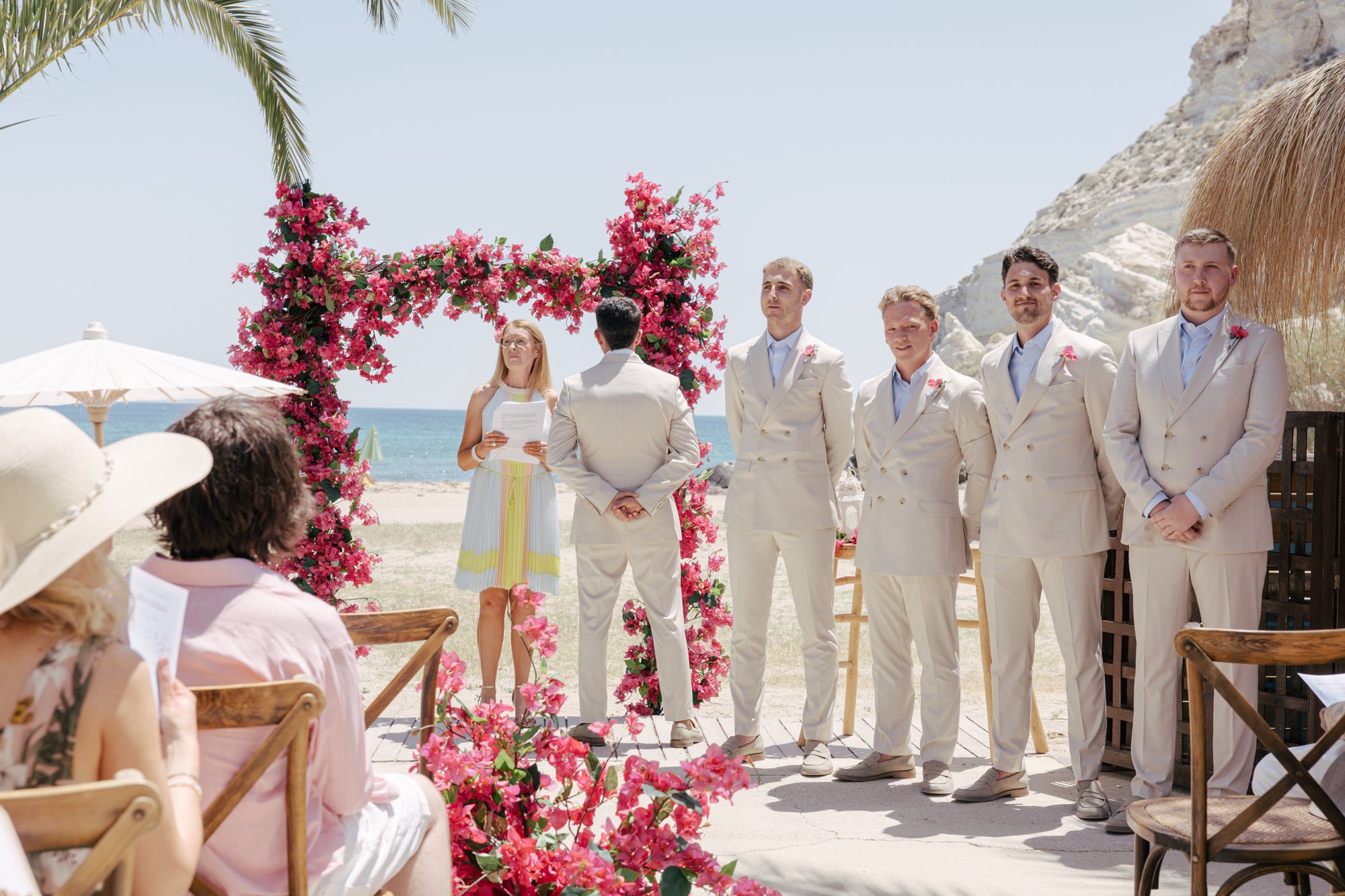 Ceremony on the beach under the bougainvillea arch, El Beach Agua Amarga, beach wedding Cabo de Gata
