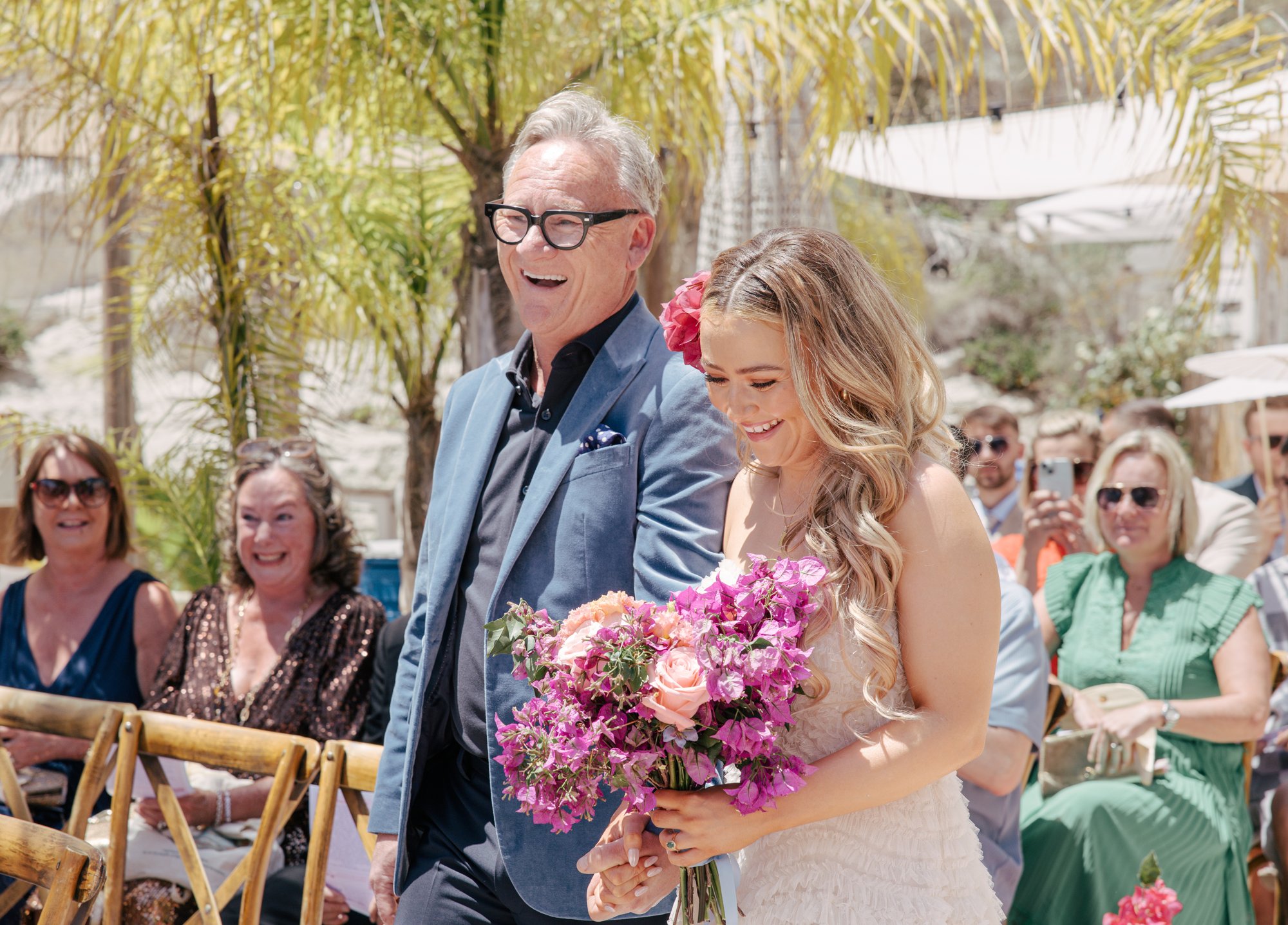 Bride walking down the aisle with her dad, Cabo de Gata, beach wedding