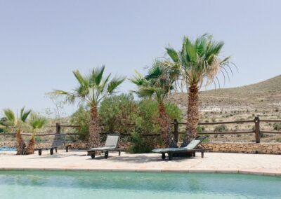 Pool der Finca mit Sonnenliegen und Palmen vor der Berglandschaft von Cabo de Gata