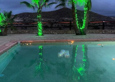 Pool der Finca bei Nacht mit grün angestrahlten Palmen und schwimmenden Kerzen