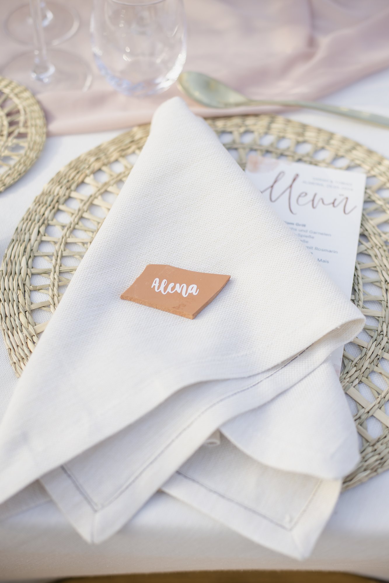 Terracotta place card on a linen napkin, table decor, wedding Agua Amarga
