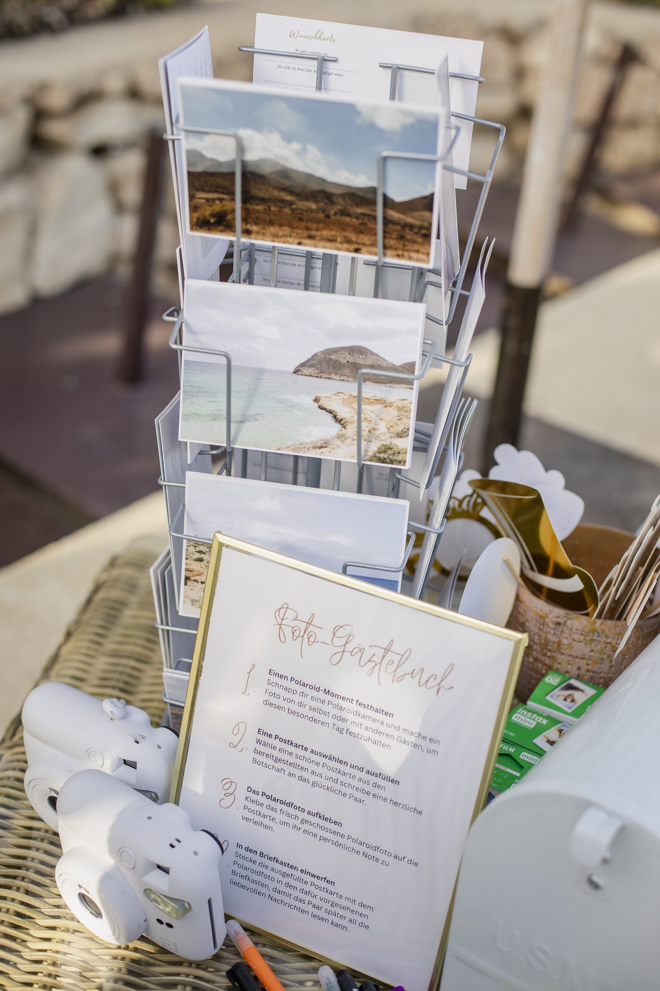 Postcard guest book with instant camera, wedding Agua Amarga