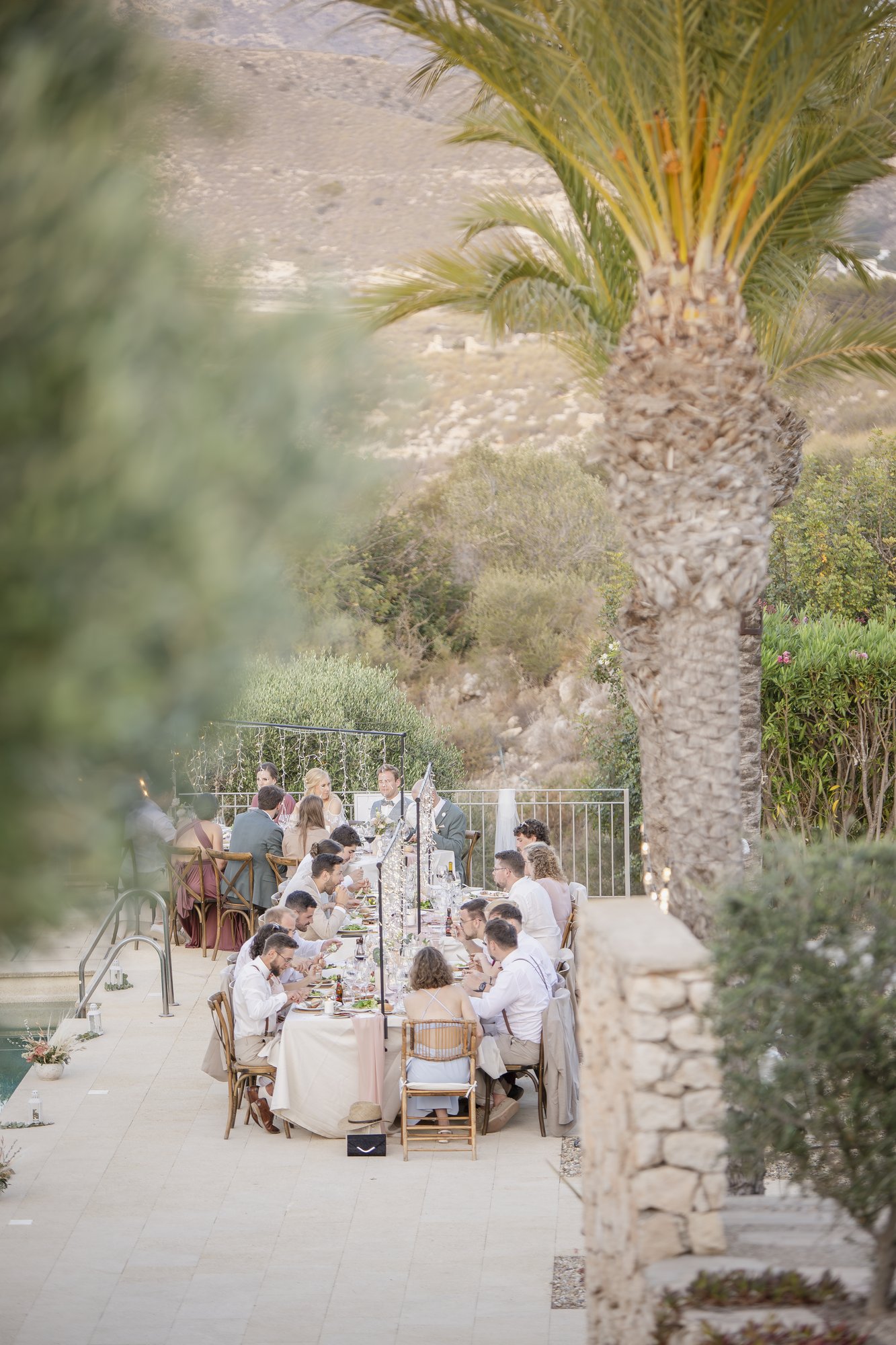 Dinner am Pool unter Palmen, Hochzeit in Agua Amarga, Cabo de Gata
